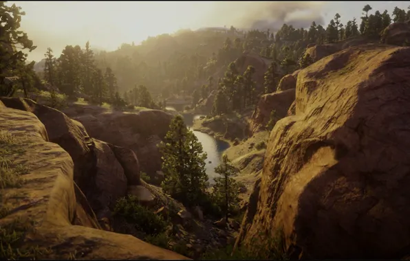 Картинка Nature, Landscape, Waterfall, Game, Rocks, Red Dead Redemption 2, RDR 2, Sun Goes Down, Rockys, …