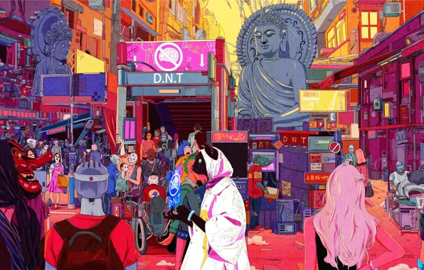 Картинка Собака, Город, Кошка, Неон, Роботы, Люди, Стиль, City, Fantasy, Dog, Арт, Art, Robots, Будда, Style, …