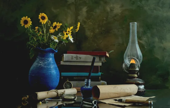 Картинка цветы, часы, книги, лампа, натюрморт, свиток, чернильница