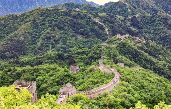 Картинка зелень, лес, деревья, горы, люди, стена, панорама, Китай, башни, вид сверху, Великая Китайская стена, The …
