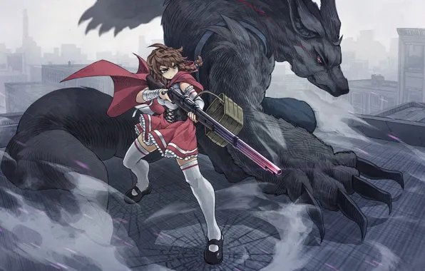 Картинка девушка, оружие, дракон