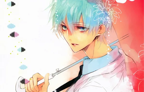 Картинка взгляд, зонт, ручка, галстук, парень, голубые волосы, art, kuroko tetsuya, баскетбол Куроко, вполоборота, Kuroko no …