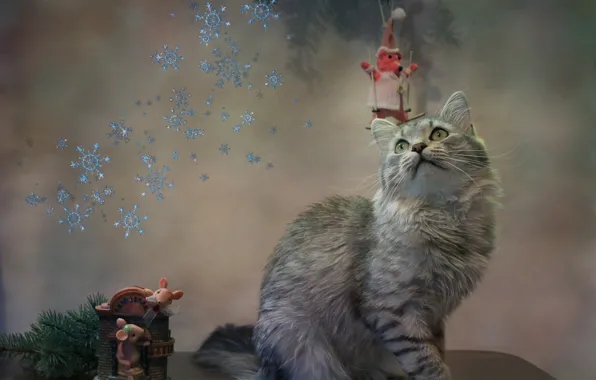 Картинка кошка, кот, снежинки, животное, новый год, ель, ветка, мыши, столик, фигурки, Ковалёва Светлана, Светлана Ковалёва