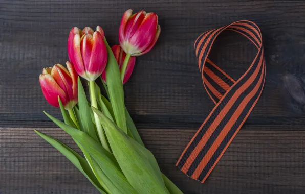 Картинка цветы, букет, весна, тюльпаны, 9 мая, flowers, tulips, spring, bouquet, Victory Day, День Победы, Георгиевская …