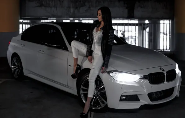 Картинка Девушки, BMW, красивая девушка, Валерия, белый авто, позирует над машиной