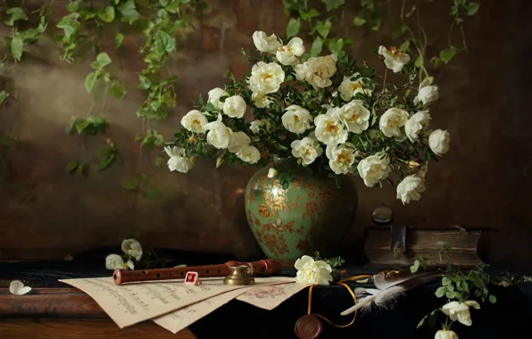 Картинка цветы, стиль, ноты, перо, розы, кольцо, шиповник, книга, ваза, натюрморт, флейта, Андрей Морозов