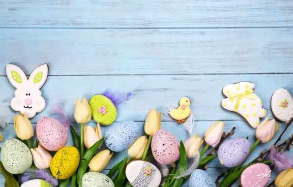 Картинка цветы, яйца, Пасха, happy, flowers, tulips, eggs, easter, cookies, decoration