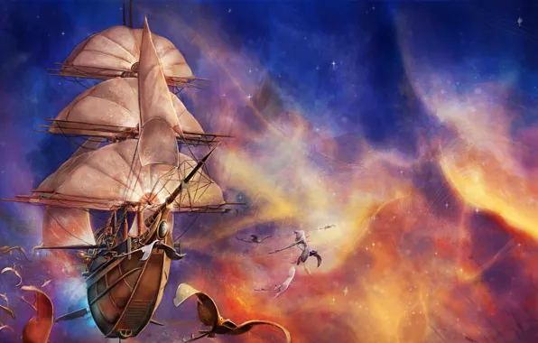 Картинка space, fantasy, flying, ship, artwork, fantasy art, creature, sails, Sailing ship