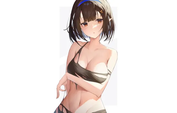 Картинка girl, sexy, cleavage, Boobs, anime, short hair, pretty, breasts, oppai, torn, shredded, Covering