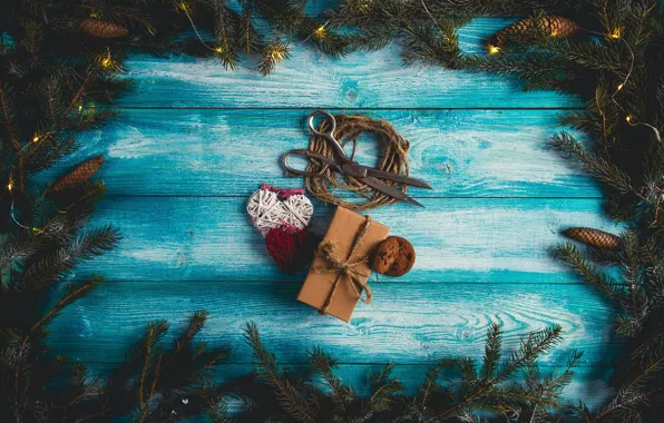 Картинка фон, дерево, подарок, елка, Новый Год, Рождество, Christmas, шишки, wood, blue, background, hearts, New Year, …