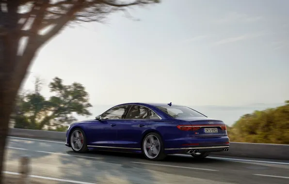 Картинка синий, движение, Audi, седан, сбоку, Audi A8, Audi S8, 2020, 2019, V8 Biturbo