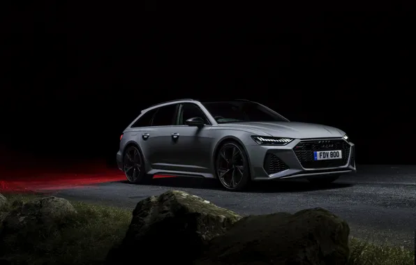 Картинка ночь, камни, Audi, обочина, универсал, RS 6, 2020, 2019, V8 Twin-Turbo, RS6 Avant, UK-version