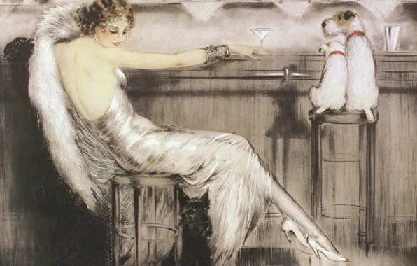 Картинка женщина, Мартини, рюмка, собачки, Louis Icart
