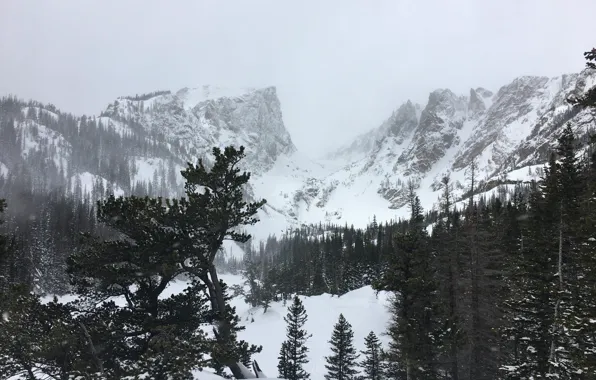 Картинка зима, небо, снег, деревья, горы, природа, скалы, United States, Rocky Mountain National Park, Dream Lake
