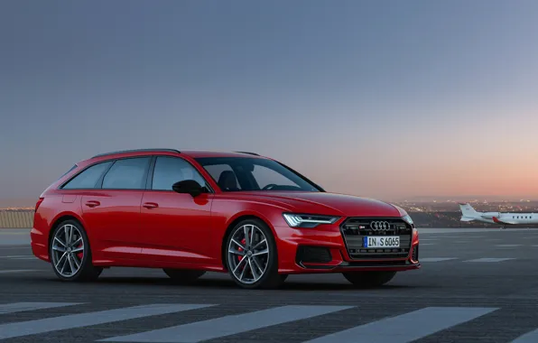 Картинка красный, Audi, разметка, аэродром, универсал, 2019, A6 Avant, S6 Avant