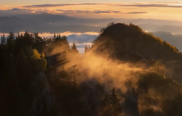 Картинка закат, горы, туман
