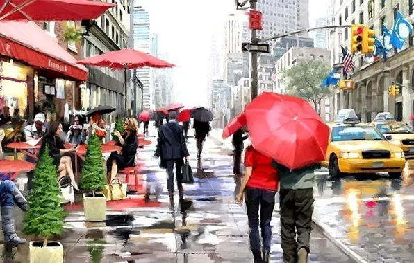 Картинка дождь, улица, Америка, тротуар, рисование красками, кафешки