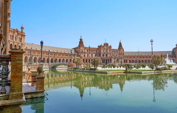 Картинка вода, здание, Испания, парламент, Севилья, Андалусия