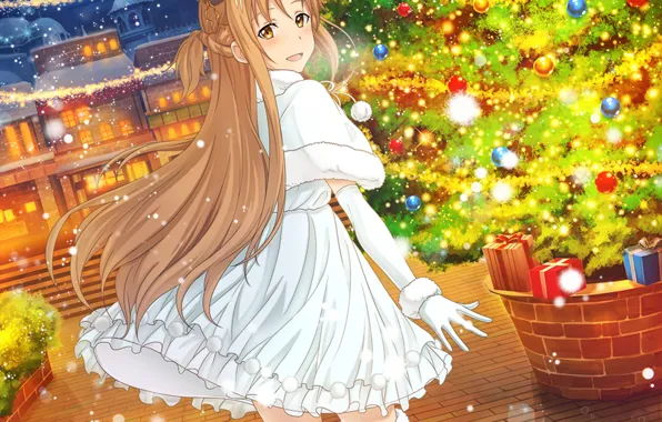 Картинка белое платье, длинные волосы, свет в окнах, новогодняя ёлка, вечерний город, Yuuki Asuna, Sword Art …