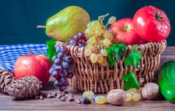 Картинка стол, яблоки, полотенце, виноград, груша, фрукты, орехи, натюрморт, корзинка, овощи, шишки, помидоры, много, синий фон, …