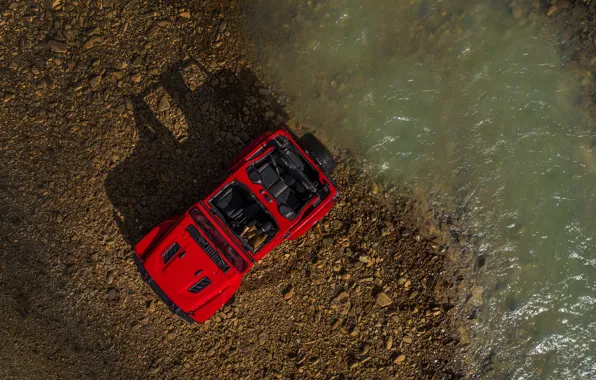 Картинка красный, берег, тень, вид сверху, 2018, Jeep, Wrangler Rubicon