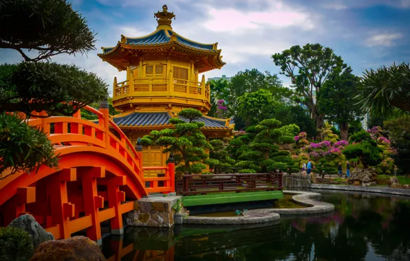 Картинка деревья, мост, пруд, парк, Гонконг, сад, пагода, Hong Kong, Chi Lin Nunnery, Монастырь Чилинь