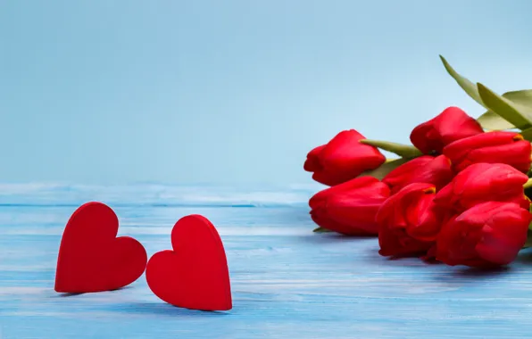 Картинка любовь, цветы, букет, сердечки, тюльпаны, красные, red, love, flowers, beautiful, romantic, hearts, tulips, spring
