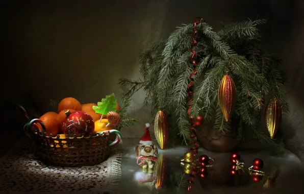 Картинка игрушки, ветка, Новый Год, Рождество, хвоя, мандарины