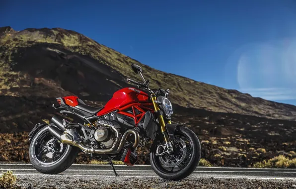 Картинка дорога, небо, горы, мотоцикл, red, Ducati, moto, колёса, красный мотоцикл, Ducati Monster 1200