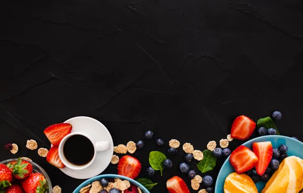 Картинка ягоды, фон, кофе, завтрак, черника, клубника, хлопья, булочки