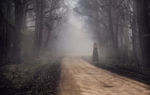 Картинка дорога, лес, девушка, туман, Tracy Lundgren