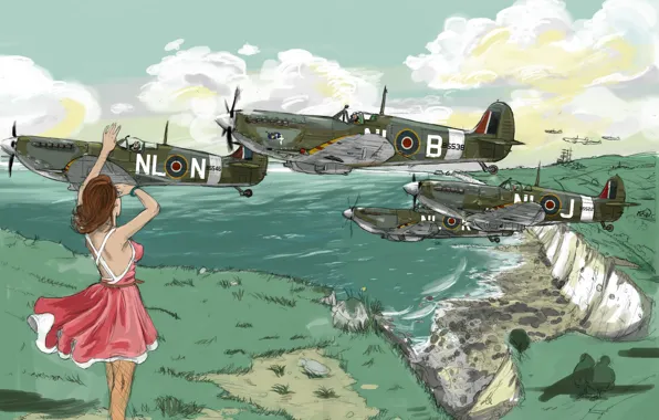Картинка Девушка, самолеты, Supermarine Spitfire, WW2, Туманный Альбион