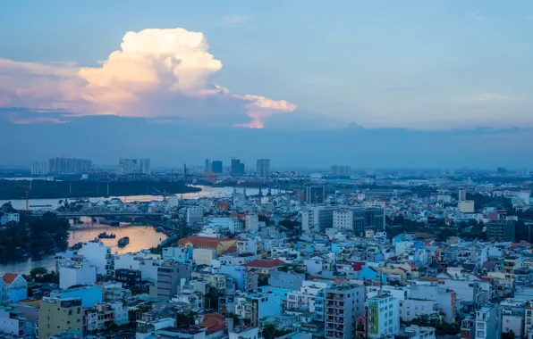 Картинка небо, облака, мост, город, река, синева, дома, утро, Вьетнам, Ho Chi Minh