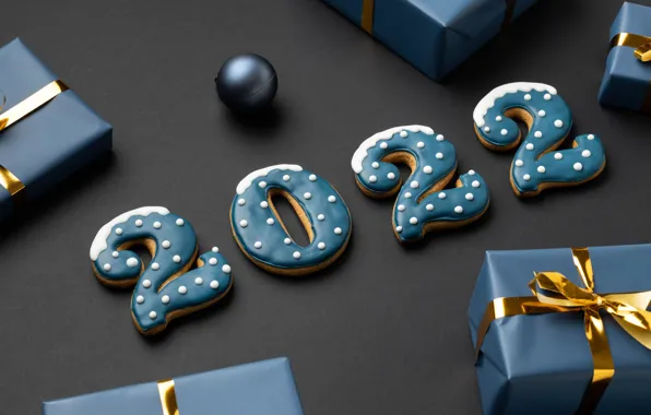 Картинка фон, шарик, печенье, цифры, подарки, Новый год, 2022