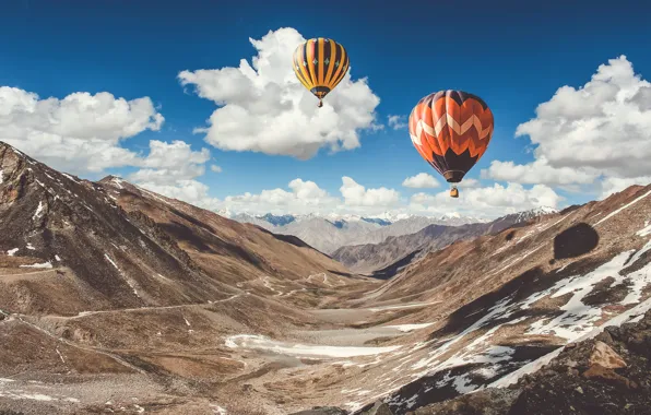 Картинка небо, облака, снег, горы, воздушные шары, Индия, Ладакх, Ladak