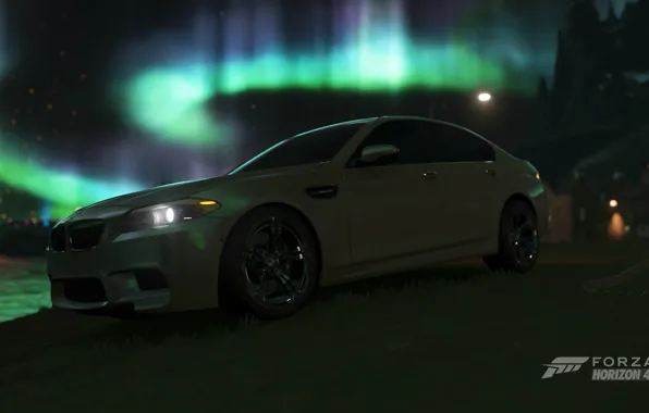 Картинка BMW, Car, Sky, Stars, Game, F10, 5er, M5, Forza Horizon 4, Polar Lights, photograhpy by …