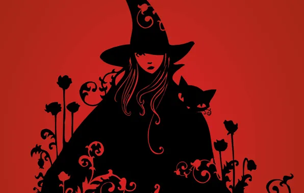 Картинка заклинание, черный кот, halloween, красный фон, злая ведьма, witch, шляпа ведьмы, злобный взгляд, черная магия, …
