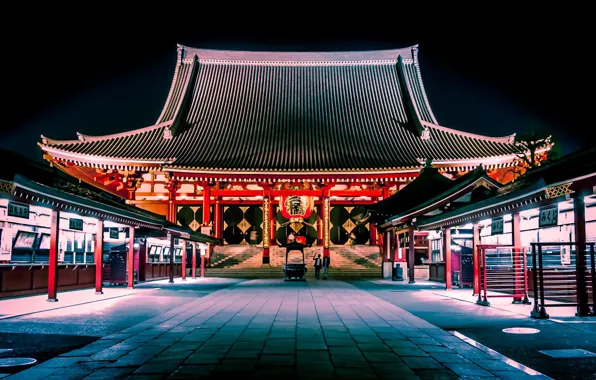 Картинка Tokyo, Japan, ночная улица, храм Сэнсо-дзи, Senso-ji Temle