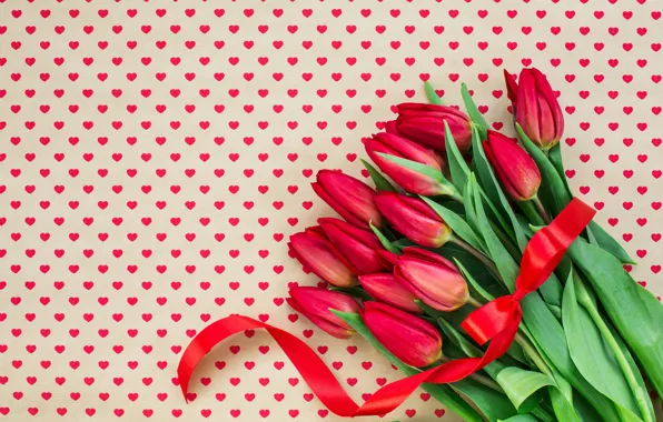 Картинка любовь, цветы, букет, сердечки, тюльпаны, красные, red, love, flowers, beautiful, romantic, hearts, tulips, spring