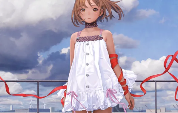 Картинка арт, девочка, белое платье, красная лента, Range Murata