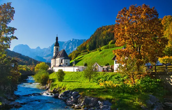 Картинка осень, деревья, горы, река, Германия, Бавария, церковь, Germany, Bavaria, Bavarian Alps, Баварские Альпы, Рамзау, Ramsau, …