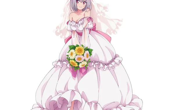 Картинка декольте, белый фон, красные глаза, фата, свадебное платье, оборки, букет невесты, пышная юбка, Akane Shinjou