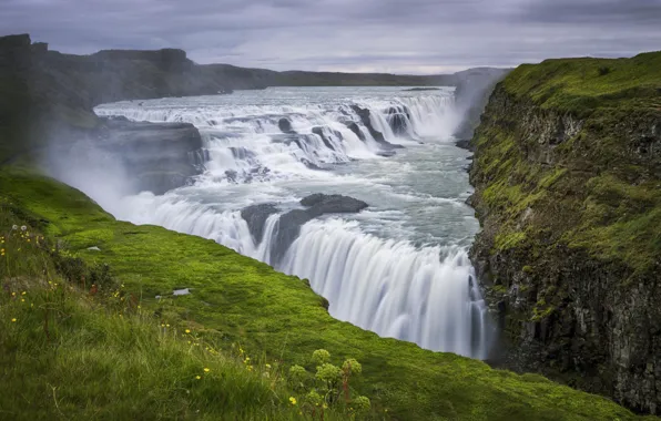 Картинка небо, тучи, природа, водопад, Iceland, Gullfoss