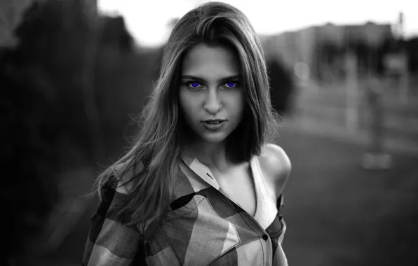 Картинка blue eyes, monochrome, model, mike, women, bokeh, shirt, portrait, hairstyle, plaid shirt, Alexei Shipulia