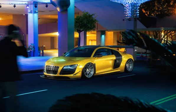 Картинка Audi, Авто, Ночь, Желтый, Машина, Audi R8, Car, Автомобиль, Render, Рендеринг, Спорткар, Желтый цвет, Transport …