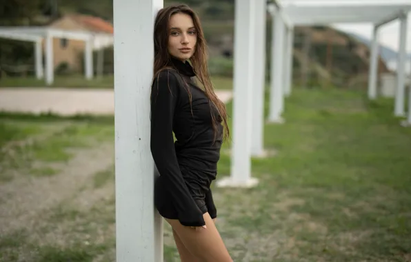 Картинка hot girl, model, outside, sexy woman, photoshoot, posing, black dress, beautiful face, outdoors, sexy brunette, …