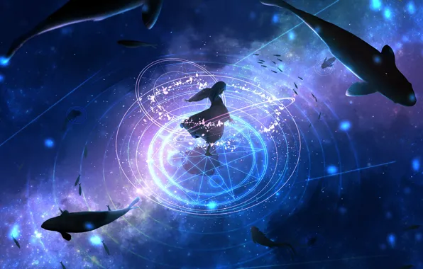 Картинка космос, фэнтези, киты, магический знак