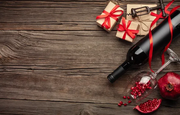 Картинка праздник, подарок, вино, бокалы, гранат