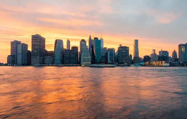 Картинка city, USA, river, skyline, sky, sunset, cloud, New York, Manhattan, NYC, New York City, buildings, …