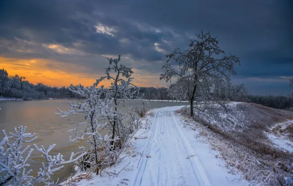 Картинка зима, дорога, закат, река